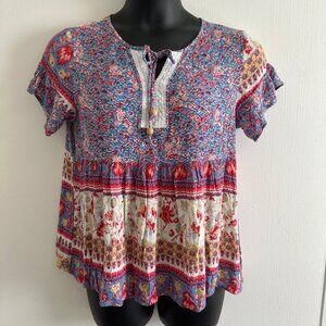 One World Peasant Top Womens Size Large Boho Floral Babydoll Flutter Metallic